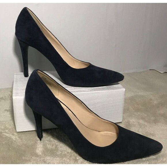 Nine West Etta Shoes Heels Pumps 8 1/2 Navy Blue Point Toe Suede Leather - Picture 2 of 14